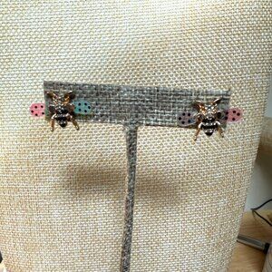 Betsey Johnson Bumble Bee Stud Earrings With Pink & Blue Polka Dot Wings